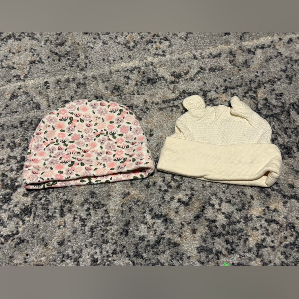Floral Pink and Cream With Ears Knit Baby Hat Set 0-6 Months Set of 2